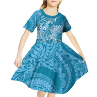 Blue Polynesia Hammerhead Shark Tattoo With Plumeria Lei Kid Short Sleeve Dress