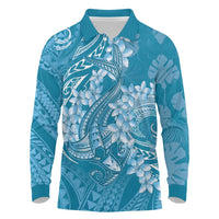 Blue Polynesia Hammerhead Shark Tattoo With Plumeria Lei Long Sleeve Polo Shirt LT14 Blue - Polynesian Pride