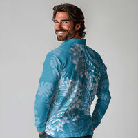 Blue Polynesia Hammerhead Shark Tattoo With Plumeria Lei Long Sleeve Polo Shirt LT14 - Polynesian Pride