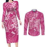 Pink Polynesia Hammerhead Shark Tattoo With Plumeria Lei Couples Matching Long Sleeve Bodycon Dress and Long Sleeve Button Shirt