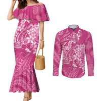 Pink Polynesia Hammerhead Shark Tattoo With Plumeria Lei Couples Matching Mermaid Dress and Long Sleeve Button Shirt
