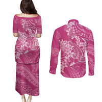 Pink Polynesia Hammerhead Shark Tattoo With Plumeria Lei Couples Matching Puletasi and Long Sleeve Button Shirt
