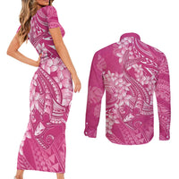 Pink Polynesia Hammerhead Shark Tattoo With Plumeria Lei Couples Matching Short Sleeve Bodycon Dress and Long Sleeve Button Shirt