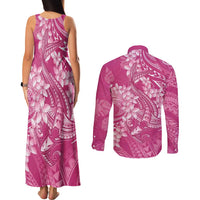 Pink Polynesia Hammerhead Shark Tattoo With Plumeria Lei Couples Matching Tank Maxi Dress and Long Sleeve Button Shirt