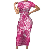 Pink Polynesia Hammerhead Shark Tattoo With Plumeria Lei Family Matching Short Sleeve Bodycon Dress and Hawaiian Shirt LT14 Mom's Dress Pink - Polynesian Pride