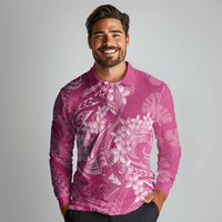 Pink Polynesia Hammerhead Shark Tattoo With Plumeria Lei Long Sleeve Polo Shirt LT14 - Polynesian Pride