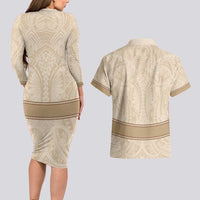 Mauri Ribaberiki Kiribati Couples Matching Long Sleeve Bodycon Dress and Hawaiian Shirt Cowrie Shells Lei Palm Leaf Weaving