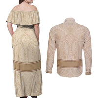 Mauri Ribaberiki Kiribati Couples Matching Off Shoulder Maxi Dress and Long Sleeve Button Shirt Cowrie Shells Lei Palm Leaf Weaving