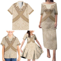 Mauri Ribaberiki Kiribati Family Matching Puletasi and Hawaiian Shirt Cowrie Shells Lei Palm Leaf Weaving