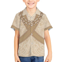 Mauri Ribaberiki Kiribati Family Matching Short Sleeve Bodycon Dress and Hawaiian Shirt Cowrie Shells Lei Palm Leaf Weaving LT14 Son's Shirt Beige - Polynesian Pride