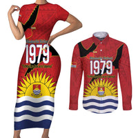 Mauri Kiribati Independence Day Couples Matching Short Sleeve Bodycon Dress and Long Sleeve Button Shirt 1979 Proud National Frigatebird