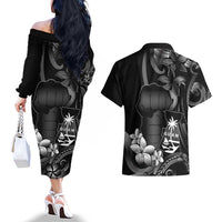 Black Hafa Adai Guam Couples Matching Off The Shoulder Long Sleeve Dress and Hawaiian Shirt Chamorro Latte Stone Hand With Plumeria LT14 - Polynesian Pride