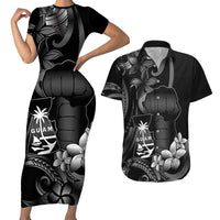 Black Hafa Adai Guam Couples Matching Short Sleeve Bodycon Dress and Hawaiian Shirt Chamorro Latte Stone Hand With Plumeria