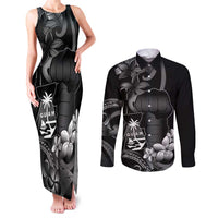 Black Hafa Adai Guam Couples Matching Tank Maxi Dress and Long Sleeve Button Shirt Chamorro Latte Stone Hand With Plumeria