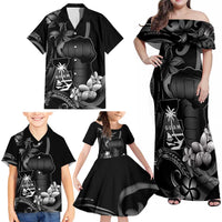 Black Hafa Adai Guam Family Matching Off Shoulder Maxi Dress and Hawaiian Shirt Chamorro Latte Stone Hand With Plumeria