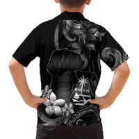 Black Hafa Adai Guam Family Matching Off Shoulder Short Dress and Hawaiian Shirt Chamorro Latte Stone Hand With Plumeria