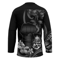 Black Hafa Adai Guam Hockey Jersey Chamorro Latte Stone Hand With Plumeria - Polynesian Pride