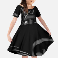 Black Hafa Adai Guam Kid Short Sleeve Dress Chamorro Latte Stone Hand With Plumeria