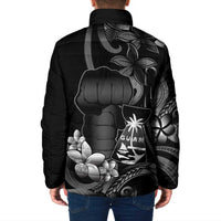 Black Hafa Adai Guam Padded Jacket Chamorro Latte Stone Hand With Plumeria - Polynesian Pride