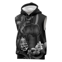 Black Hafa Adai Guam Sleeveless Hoodie Chamorro Latte Stone Hand With Plumeria - Polynesian Pride