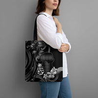 Black Hafa Adai Guam Tote Bag Chamorro Latte Stone Hand With Plumeria - Polynesian Pride