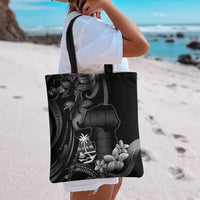 Black Hafa Adai Guam Tote Bag Chamorro Latte Stone Hand With Plumeria - Polynesian Pride