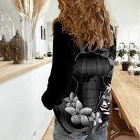 Black Hafa Adai Guam Women Casual Shirt Chamorro Latte Stone Hand With Plumeria