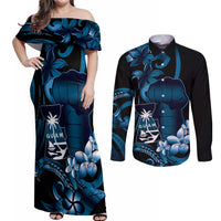 Blue Hafa Adai Guam Couples Matching Off Shoulder Maxi Dress and Long Sleeve Button Shirt Chamorro Latte Stone Hand With Plumeria