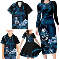 Blue Hafa Adai Guam Family Matching Long Sleeve Bodycon Dress and Hawaiian Shirt Chamorro Latte Stone Hand With Plumeria