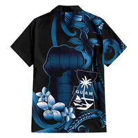 Blue Hafa Adai Guam Family Matching Long Sleeve Bodycon Dress and Hawaiian Shirt Chamorro Latte Stone Hand With Plumeria