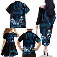 Blue Hafa Adai Guam Family Matching Off The Shoulder Long Sleeve Dress and Hawaiian Shirt Chamorro Latte Stone Hand With Plumeria LT14 - Polynesian Pride