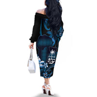 Blue Hafa Adai Guam Family Matching Off The Shoulder Long Sleeve Dress and Hawaiian Shirt Chamorro Latte Stone Hand With Plumeria LT14 - Polynesian Pride