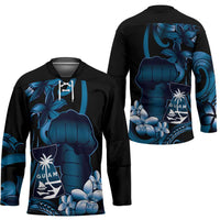 Blue Hafa Adai Guam Hockey Jersey Chamorro Latte Stone Hand With Plumeria - Polynesian Pride