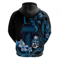 Blue Hafa Adai Guam Hoodie Chamorro Latte Stone Hand With Plumeria