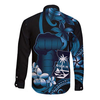 Blue Hafa Adai Guam Long Sleeve Button Shirt Chamorro Latte Stone Hand With Plumeria
