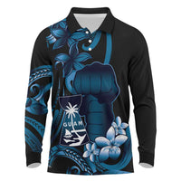 Blue Hafa Adai Guam Long Sleeve Polo Shirt Chamorro Latte Stone Hand With Plumeria