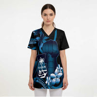 Blue Hafa Adai Guam Scrub Top Chamorro Latte Stone Hand With Plumeria - Polynesian Pride