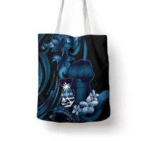 Blue Hafa Adai Guam Tote Bag Chamorro Latte Stone Hand With Plumeria - Polynesian Pride