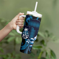 Blue Hafa Adai Guam Tumbler With Handle Chamorro Latte Stone Hand With Plumeria