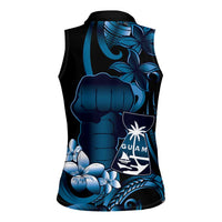 Blue Hafa Adai Guam Women Sleeveless Polo Shirt Chamorro Latte Stone Hand With Plumeria
