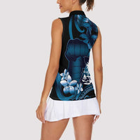 Blue Hafa Adai Guam Women Sleeveless Polo Shirt Chamorro Latte Stone Hand With Plumeria