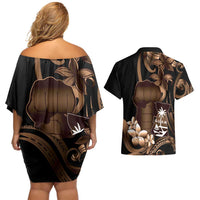 Brown Hafa Adai Guam Couples Matching Off Shoulder Short Dress and Hawaiian Shirt Chamorro Latte Stone Hand With Plumeria