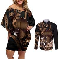 Brown Hafa Adai Guam Couples Matching Off Shoulder Short Dress and Long Sleeve Button Shirt Chamorro Latte Stone Hand With Plumeria