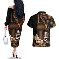 Brown Hafa Adai Guam Couples Matching Off The Shoulder Long Sleeve Dress and Hawaiian Shirt Chamorro Latte Stone Hand With Plumeria LT14 - Polynesian Pride