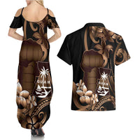 Brown Hafa Adai Guam Couples Matching Summer Maxi Dress and Hawaiian Shirt Chamorro Latte Stone Hand With Plumeria
