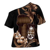 Brown Hafa Adai Guam Cross Shoulder Shirt Chamorro Latte Stone Hand With Plumeria - Polynesian Pride