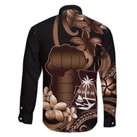 Brown Hafa Adai Guam Family Matching Long Sleeve Bodycon Dress and Hawaiian Shirt Chamorro Latte Stone Hand With Plumeria