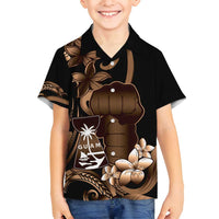 Brown Hafa Adai Guam Family Matching Off Shoulder Maxi Dress and Hawaiian Shirt Chamorro Latte Stone Hand With Plumeria