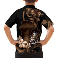 Brown Hafa Adai Guam Family Matching Off Shoulder Short Dress and Hawaiian Shirt Chamorro Latte Stone Hand With Plumeria