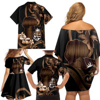 Brown Hafa Adai Guam Family Matching Off Shoulder Short Dress and Hawaiian Shirt Chamorro Latte Stone Hand With Plumeria